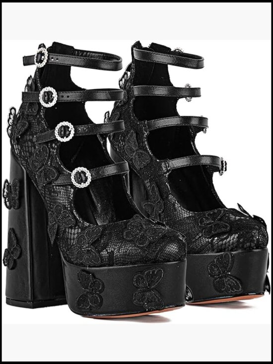 Shoes - Platform Chunky Heels Lace Butterfly Square Toe Mary-Jane Ankle Strap Pumps